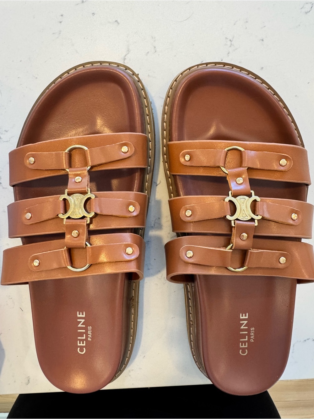 Celine Tan Triple-Strap Leather Slide Sandals with Gold Hardware